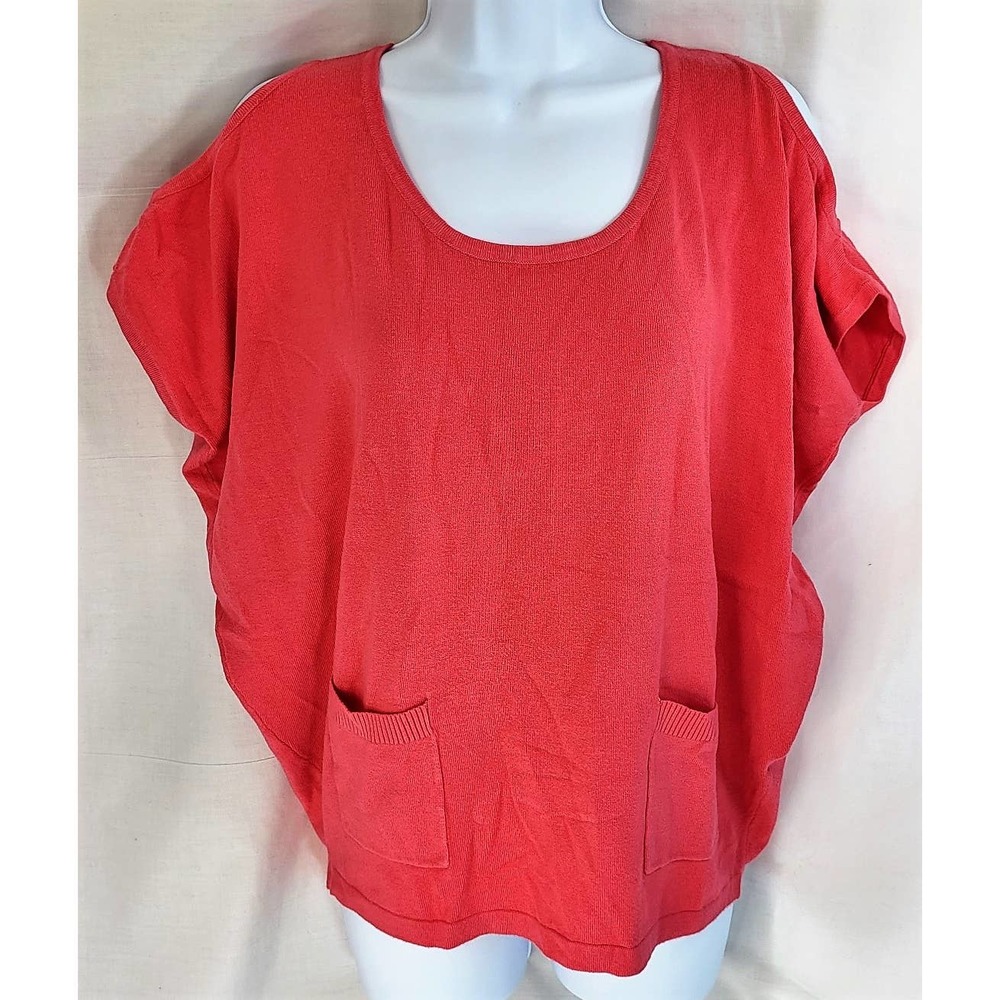 Odemai Womens 1X Cold Shoulder Short Sleeve Two Front Pockets Salmon Sweater
